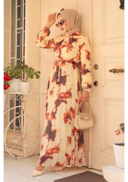 Desenli Kiremit Tesettür Elbise 34461KRMT modelleri