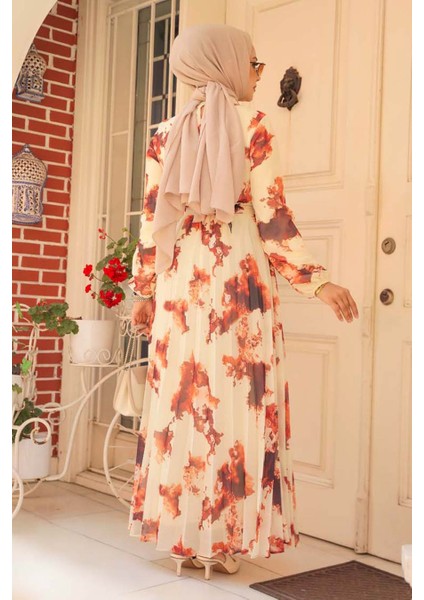 Desenli Kiremit Tesettür Elbise 34461KRMT fırsatları