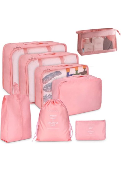 Seyahat Paketleme Küpü, 8 Parçalı Set Seyahat Küpü, Katlanabilir Bagaj Saklama Çantası, Hafif Bagaj Saklama Çantası (Pembe) (Yurt Dışından)