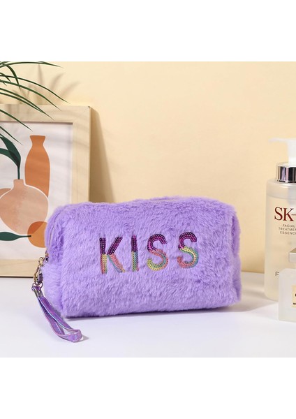Peluş Makyaj Çantası Taşınabilir Seyahat Tuvalet Çantası Pürüzsüz Fermuarlı El Kozmetik Saklama Çantası (Yurt Dışından)