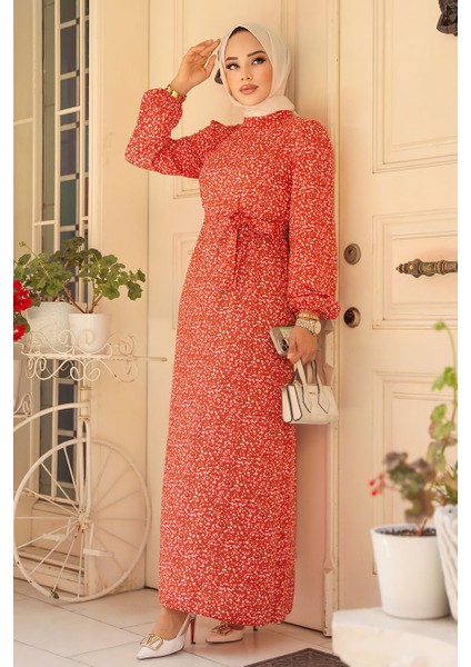 Desenli Mercan Tesettür Elbise 6108MR