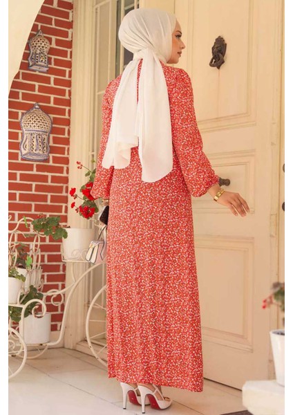 Desenli Mercan Tesettür Elbise 6108MR