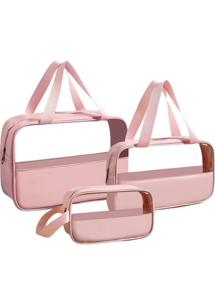 Kozmetik Çantası, Şeffaf, 3 Adet, Su Geçirmez, Kişisel Bakım Çantası, Taşıma Saplı, Kozmetik ve Banyo Malzemeleri Için Düzenleyici, Pembe., Kozmetik Çantası (Yurt Dışından)