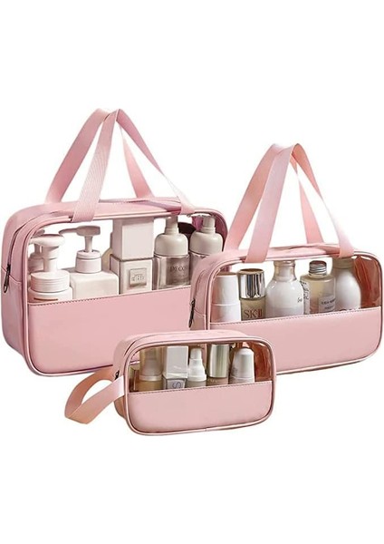 Kozmetik Çantası, Şeffaf, 3 Adet, Su Geçirmez, Kişisel Bakım Çantası, Taşıma Saplı, Kozmetik ve Banyo Malzemeleri Için Düzenleyici, Pembe., Kozmetik Çantası (Yurt Dışından) modelleri