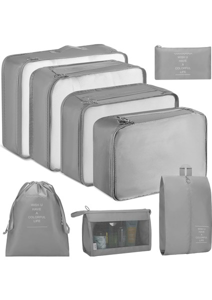 Valiz Düzenleyici Set, 8 Set Paketleme Küpü, Seyahat Düzenleyici, Su Geçirmez Valiz Düzenleyici, Paket Çantaları, Seyahat Bagajı, Kıyafet, Ayakkabı, Iç Çamaşırı, Kozmetik Için, Gri (Yurt Dışından)
