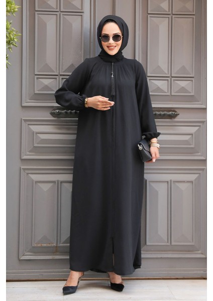 Fermuarlı Siyah Tesettür Abaya 60971S