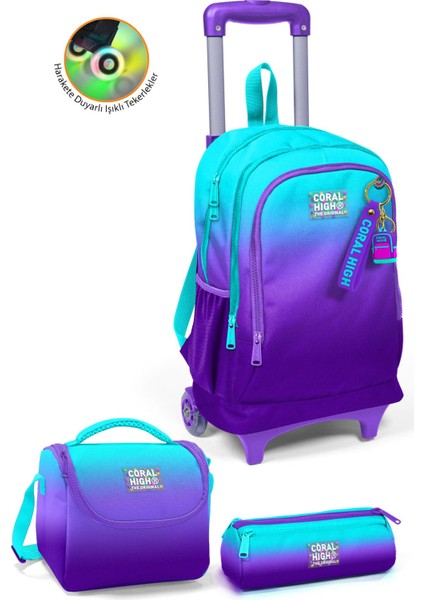 Kids Turkuaz Mor Renk Geçişli Üç Bölmeli Çekçekli 3'lü Çanta Seti SET0123963