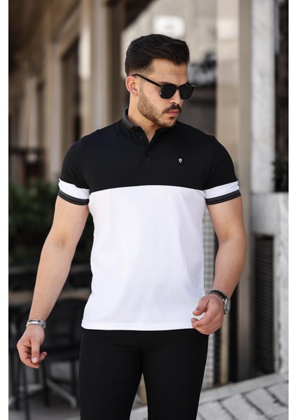 Siyah Beyaz Kagi Ston Parçalı Polo Yaka Kısa Kollu T-Shirt - 2402