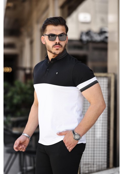 Siyah Beyaz Kagi Ston Parçalı Polo Yaka Kısa Kollu T-Shirt - 2402