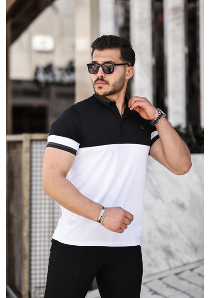 Siyah Beyaz Kagi Ston Parçalı Polo Yaka Kısa Kollu T-Shirt - 2402