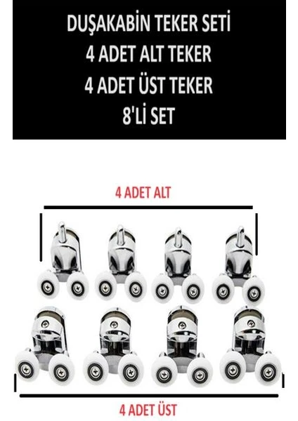 Teker 8’li Set Duşakabin Tekerleği Alt Üst Cam Kabin Rulman Makara 24 mm Krom