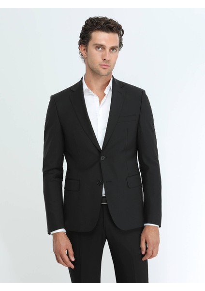 Siyah Modern Fit Yün Karışımlı Takım Elbise
