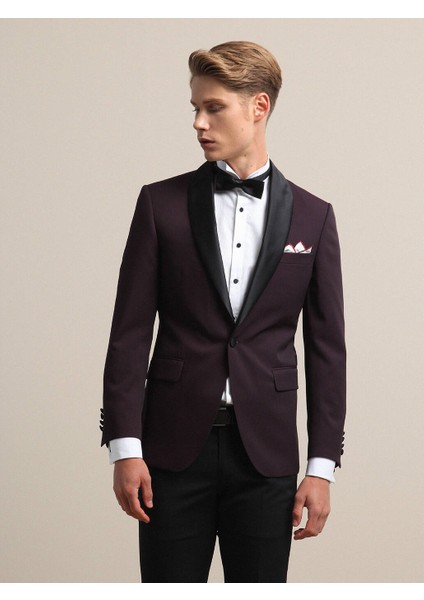 Bordo Slim Fit Çıkarılabilir Şal Yaka Dokuma Smokin Takım Elbise