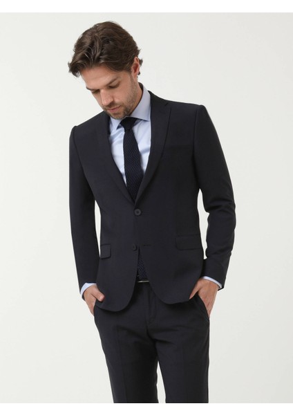Lacivert Düz Slim Fit Yün Karışımlı Takım Elbise modelleri