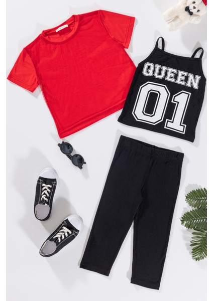 3'lü Queen Baskılı Tshirt Atlet Tayt Siyah Takım