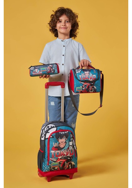 Kids Gri Nefti Anime Motorsiklet Desenli Üç Bölmeli Çekçekli 3'lü Çanta Seti SET0123964 fiyatları