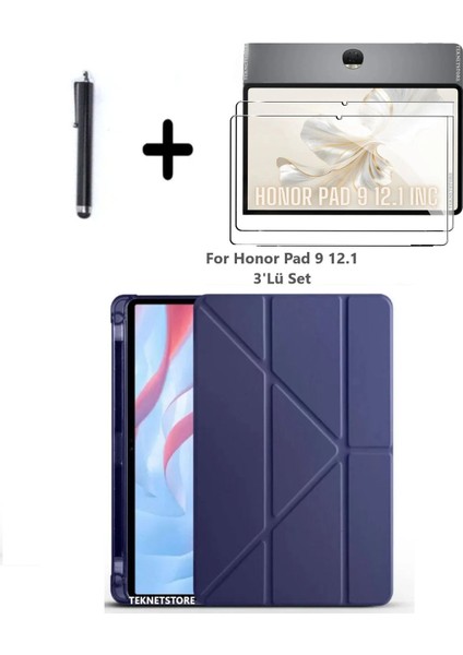 Honor Pad 9 12.1 Inç Uyumlu Kalem Bölmeli Standlı Silikon Kılıf + Ekran Koruyucu + Kalem 3'lü Set