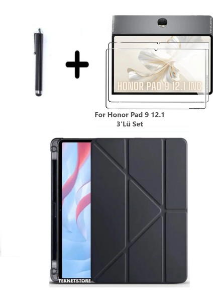 Honor Pad 9 12.1 Inç Uyumlu Kalem Bölmeli Standlı Silikon Kılıf + Ekran Koruyucu + Kalem 3'lü Set