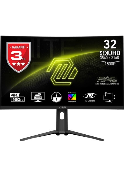 31.5 Mag 321Cup 3840x2160 (Uhd) 16:9 Curve 1500R Rapıd Va 160Hz 1Ms Freesync Premıum Gamıng Monıtor