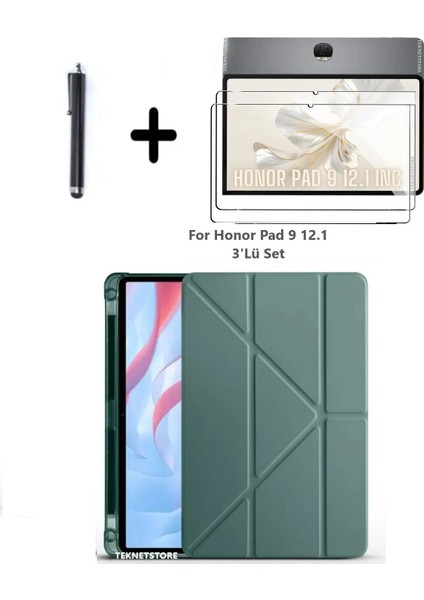 Honor Pad 9 12.1 Inç Uyumlu Kalem Bölmeli Standlı Silikon Kılıf + Ekran Koruyucu + Kalem 3'lü Set