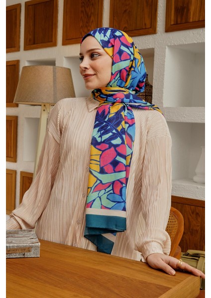 Çiçek Desen Mavi Soft Pamuk Şal