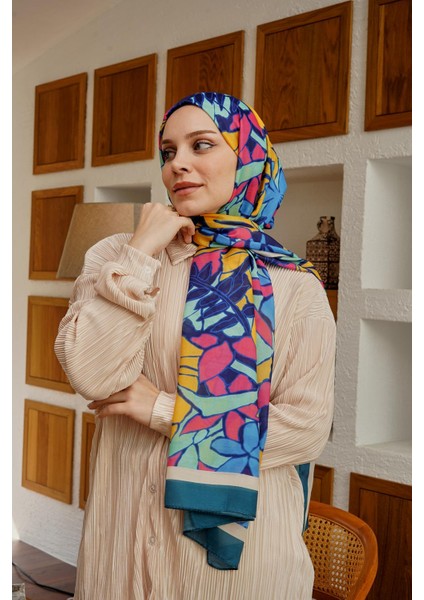 Çiçek Desen Mavi Soft Pamuk Şal