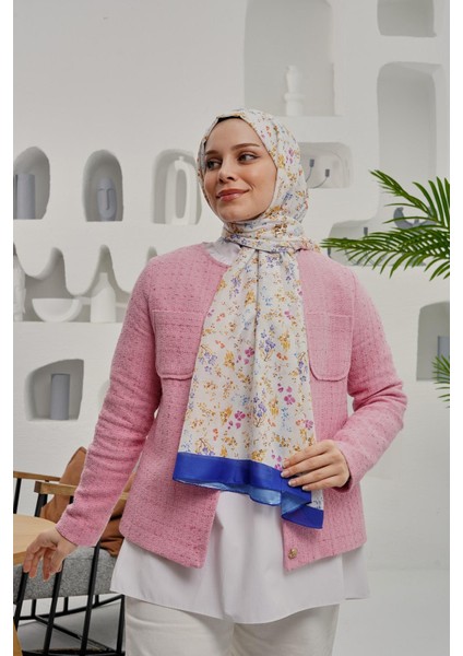 Çiçek Desen Mavi Soft Pamuk Şal