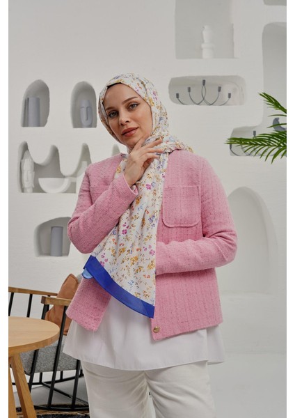 Çiçek Desen Mavi Soft Pamuk Şal