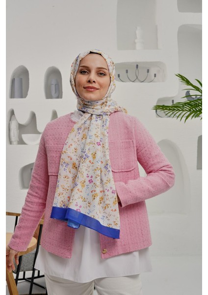 Çiçek Desen Mavi Soft Pamuk Şal