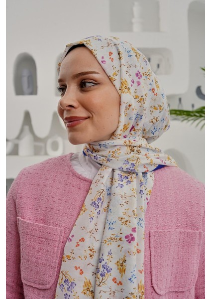 Çiçek Desen Mavi Soft Pamuk Şal