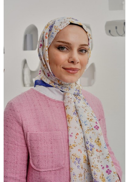 Çiçek Desen Mavi Soft Pamuk Şal