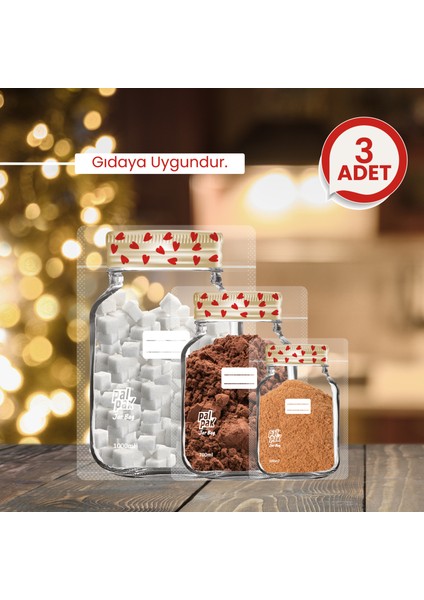 Kalp Desenli Metal Kapaklı Kavanoz Görünümlü Saklama Poşeti-3 Adet(1 Büyük, 1 Orta, 1 Küçük )