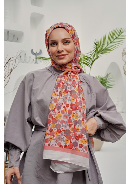 Çiçek Desen Turuncu Soft Pamuk Şal