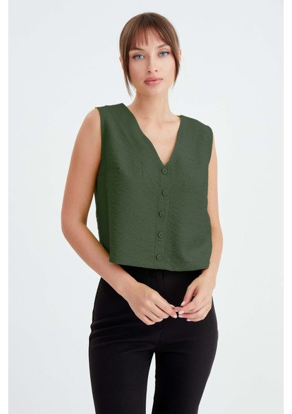 Düğmeli Crop Yelek