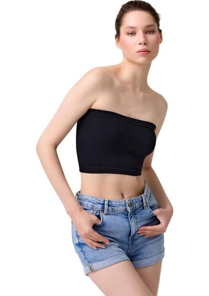 Cottonhill Premium - Kadın Siyah Seamless Straplez Crop Top Büstiyer