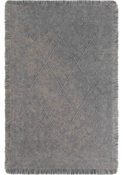 Antique Mnc Grey - Dört Tarafı Saçaklı Pamuklu Yıkanabilir Kilim