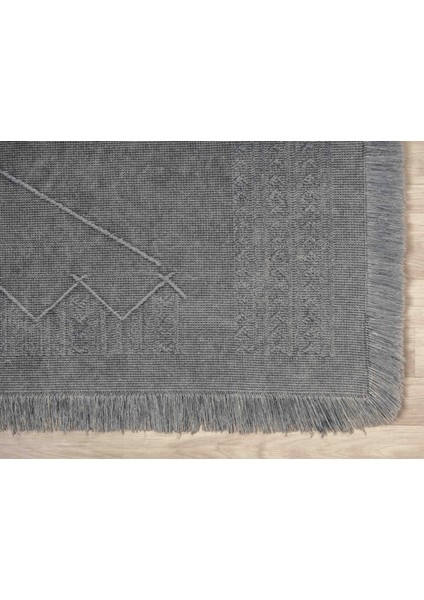 Antique Mnc Grey - Dört Tarafı Saçaklı Pamuklu Yıkanabilir Kilim