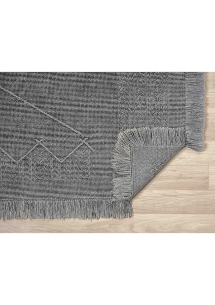 Antique Mnc Grey - Dört Tarafı Saçaklı Pamuklu Yıkanabilir Kilim