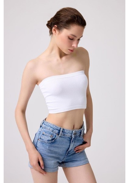 Cottonhill Premium - Kadın Beyaz Seamless Straplez Crop Top Büstiyer