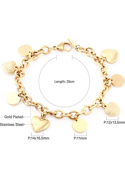 325G Luxusteel Paslanmaz Çelik Kalp Sikke Charm Bilezik Kadınlar Için Kız Altın Renk Küba Link Zinciri Bilezik Takı Hediye 20 cm (Yurt Dışından)