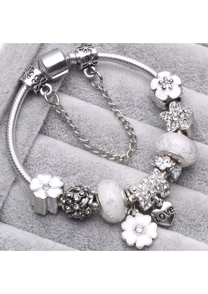 20CM Tarzı Çiçekler-16 Bahar Tarzı Çiçek Boncuk Charm Bilezikler Kadınlar Için Gümüş Plaka Zincir Bilezikler Moda Takı Dıy El Yapımı Pulseira Hediye (Yurt Dışından)
