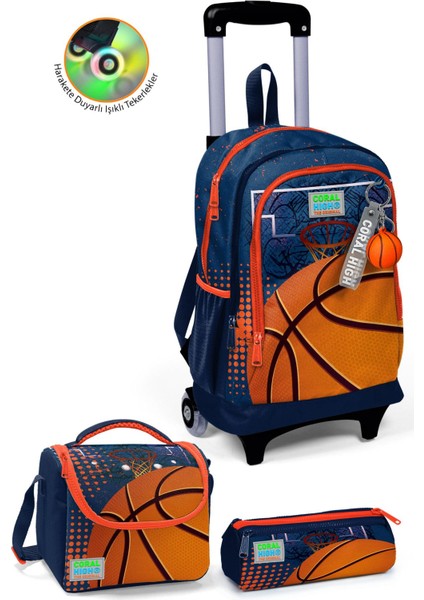 Kids Turuncu Lacivert Basketbol Desenli Üç Bölmeli Çekçekli 3'lü Çanta Seti SET0123966