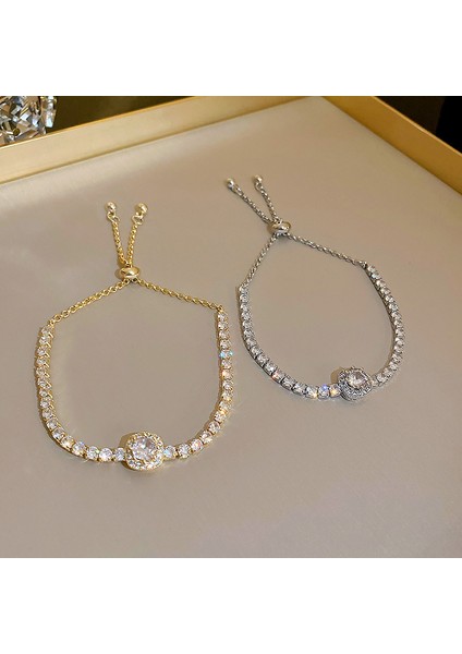 SL092-S Tam Rhinestones Ayarlanabilir Altın Kaplama Paslanmaz Çelik Bilezik Wome Yeni Trendy Kare Zirkon Bilezik Takı (Yurt Dışından)