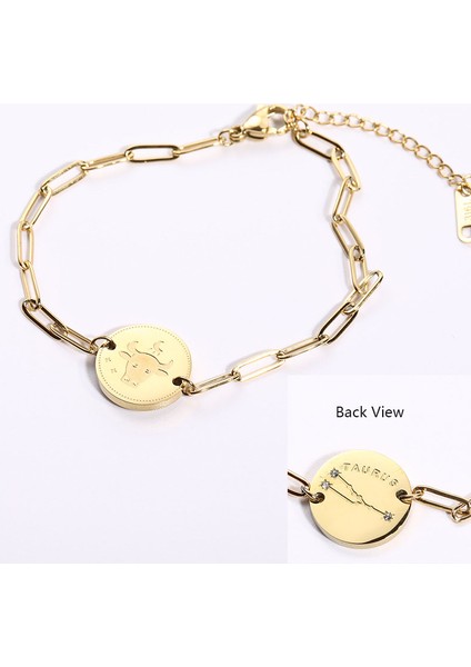 17,5 cm Tarzı Boğa Burcu Yeni Çift Taraflı 12 Burç Paslanmaz Çelik Altın Kaplama Kübik Zirkonya Kaplamalı 12 Takımyıldızı Bilezikler Kadınlar Takı Hediye Için (Yurt Dışından)