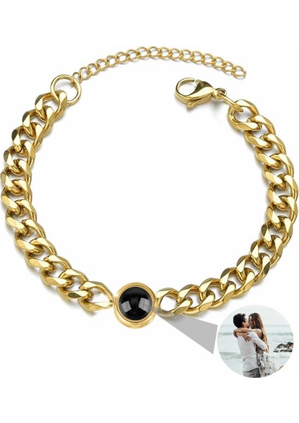 19,5 cm Tarzı Altın Titanyum Çelik Erkekler ve Kadınlar Kişiselleştirilmiş Fotoğraf Projeksiyon Özel Aile Toplama Evcil Hayvan Çift Doğum Günü Bellek Koleksiyonu Bileklik (Yurt Dışından)