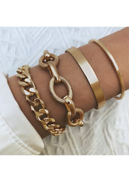 IPA0886-1 Unk Ağır Metal Büyük Kalın Zincir Bileklik Seti Kadın Retro Geometrik Metal Büküm Zincir Bilezik Bilezik Moda Takı (Yurt Dışından) modelleri