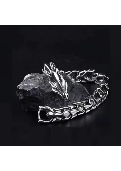 19CM Tarzı Gümüş Vintage Erkek Mücevherat Hip Hop Punk Kafa Ejderha Lin Bilezik Retro Abartılı Ejderha Bilezik Takı Erkek Aksesuarları Hediyeler (Yurt Dışından)