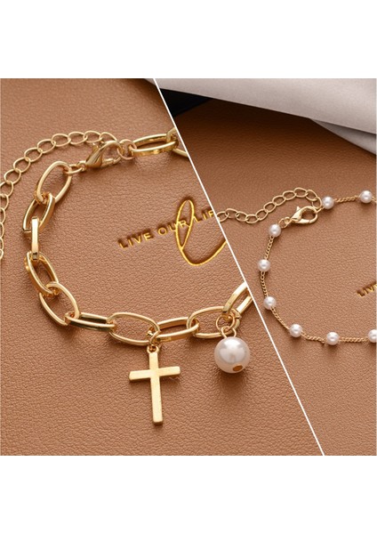 Set-A-Cross Kore Yeni Moda Ins Tarzı Inci Kolye Bilezik Kadınlar Için Basit Vintage Lüks Kaplama Alaşım Bilezik Takı Aksesuarları (Yurt Dışından)