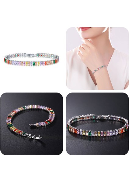19CM Tarzı H189 Gökkuşağı Kristal Tenis Bilezikler Kadınlar Için Kpop Gümüş Renk Arkadaş Hediyeler Renkli Zirkonya Bileklik Zincir El Takı H167-M (Yurt Dışından)