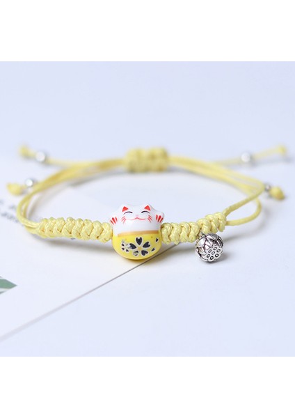 Sarı Sevimli Şanslı Kedi Bilezik Ayarlanabilir Maneki Neko Çift Bilezik Charm Örgü Bilezik Kadın Kız Doğum Günü Hediyeleri Takı (Yurt Dışından)